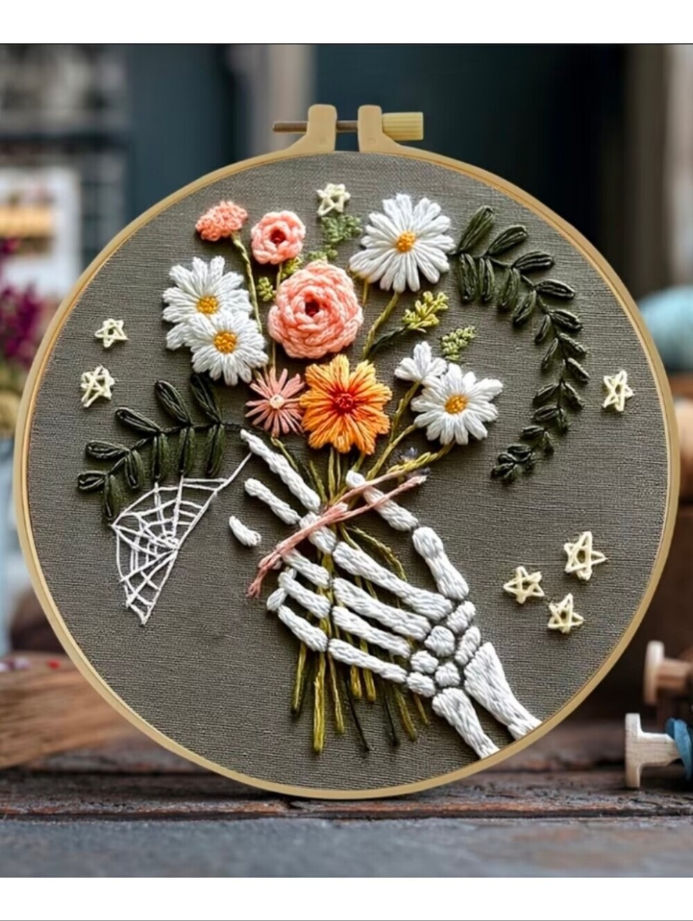DIY Embroidery For Beginners Craft Kit Skelteton Hand Holding Flowers NWT